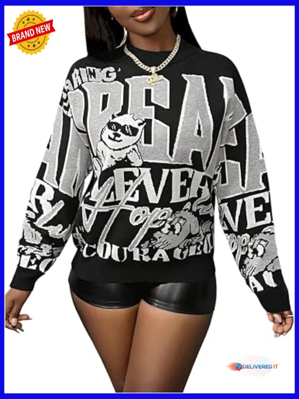 Graphic Crew Neck Pullover Sweater Long Sleeve Knit Top Streetwear
